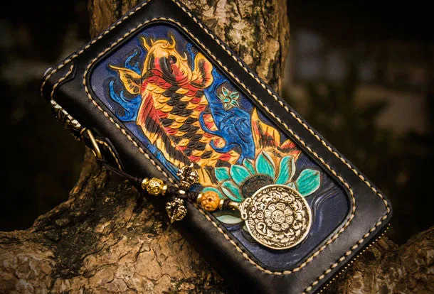 Handmade leather carp biker wallet clutch zip long wallet brown leather men phone