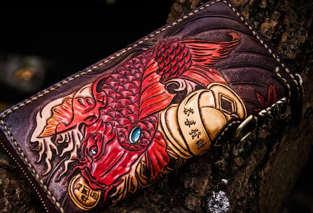 Handmade leather carp biker wallet clutch zip long wallet brown leather men phone