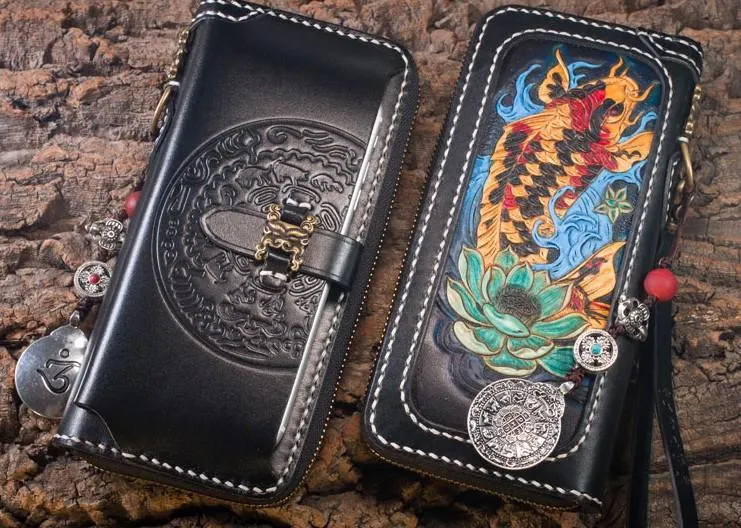 Handmade Leather Carp Mens Chain Biker Wallet Cool Leather Wallet Long Phone Wallets for Men
