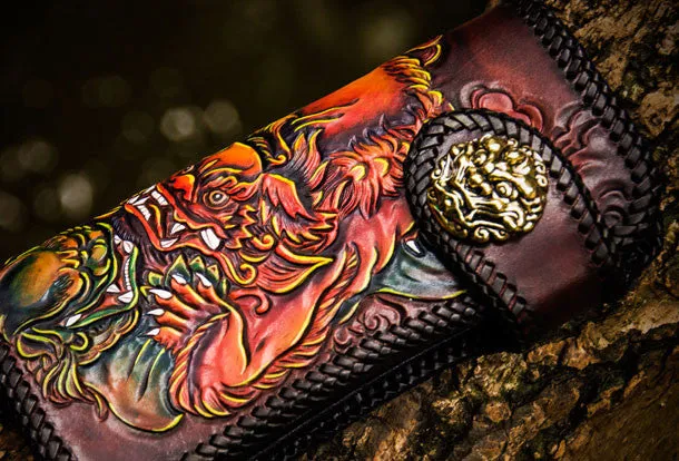Handmade leather Chinese Lion biker wallet long wallet brown leather men phone