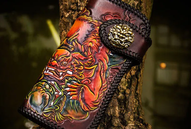 Handmade leather Chinese Lion biker wallet long wallet brown leather men phone