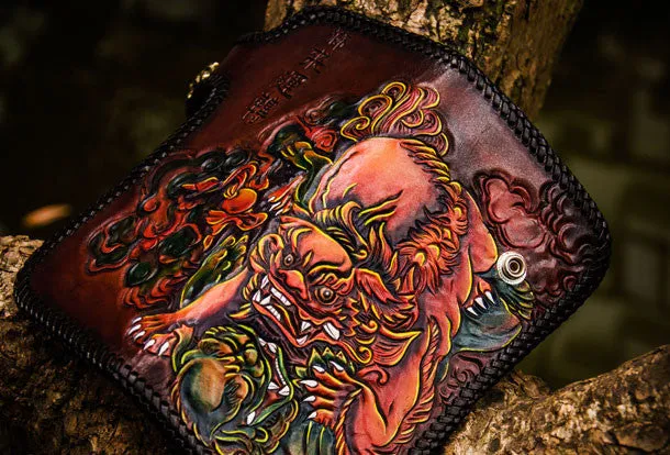 Handmade leather Chinese Lion biker wallet long wallet brown leather men phone