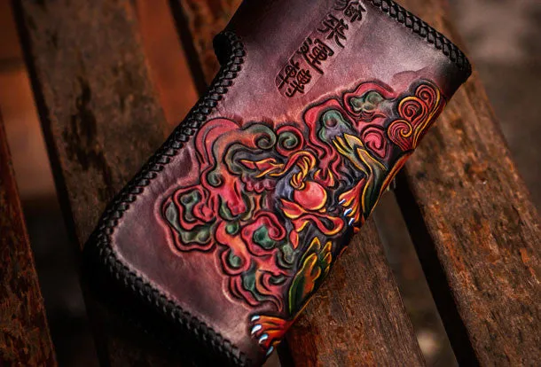 Handmade leather Chinese Lion biker wallet long wallet brown leather men phone