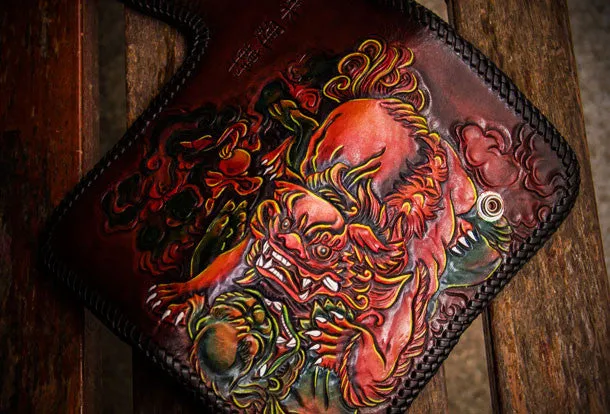 Handmade leather Chinese Lion biker wallet long wallet brown leather men phone
