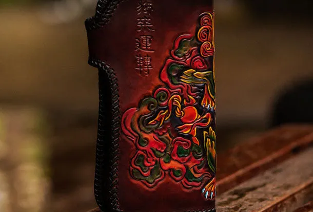 Handmade leather Chinese Lion biker wallet long wallet brown leather men phone