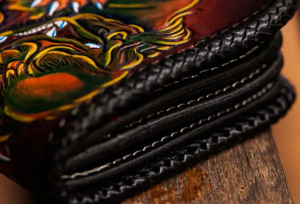 Handmade leather Chinese Lion biker wallet long wallet brown leather men phone
