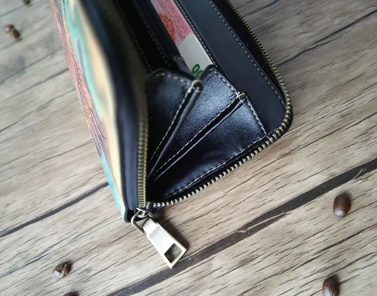 Handmade Leather Chinese Lion Tooled Mens Long Wallet Cool Leather Wallet Clutch Wallet for Men