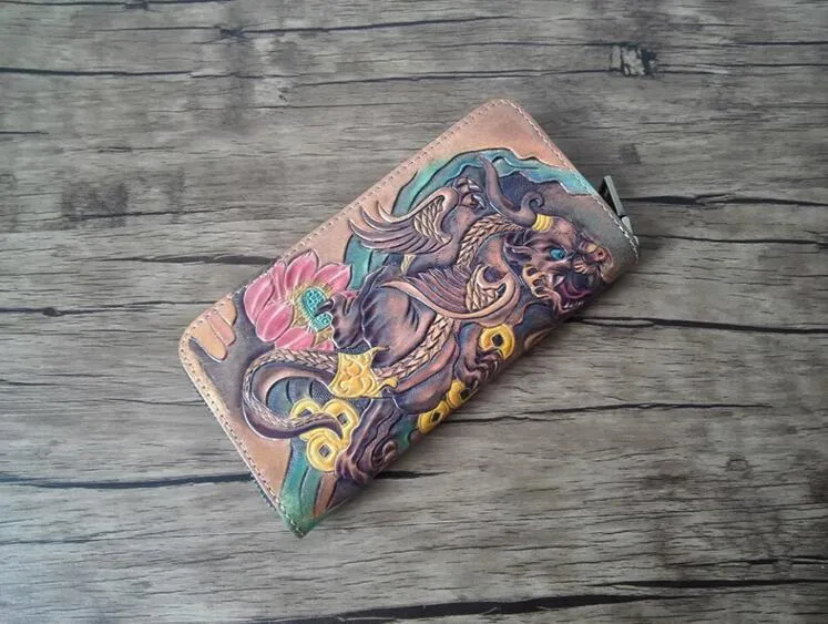 Handmade Leather Chinese Lion Tooled Mens Long Wallet Cool Leather Wallet Clutch Wallet for Men
