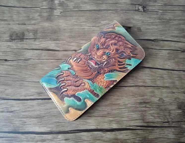 Handmade Leather Chinese Lion Tooled Mens Long Wallet Cool Leather Wallet Clutch Wallet for Men