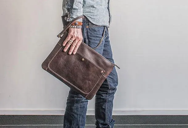 Handmade leather clutch bag wallet leather ipad case men Black long wallet