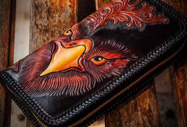 Handmade leather clutch zip long wallet black eagle leather men Tooled