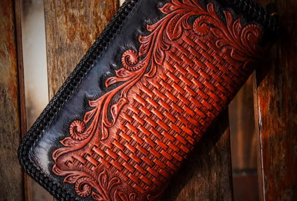 Handmade leather clutch zip long wallet black eagle leather men Tooled