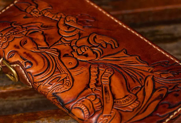 Handmade leather Ganesha biker wallet long wallet brown leather men phone
