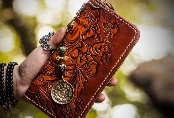 Handmade leather Ganesha biker wallet long wallet brown leather men phone