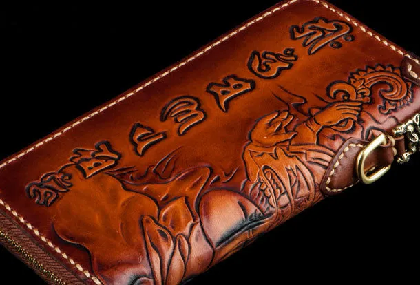 Handmade leather Ganesha biker wallet long wallet brown leather men phone