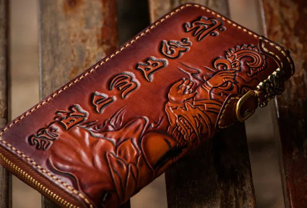 Handmade leather Ganesha biker wallet long wallet brown leather men phone