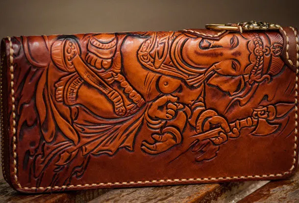 Handmade leather Ganesha biker wallet long wallet brown leather men phone