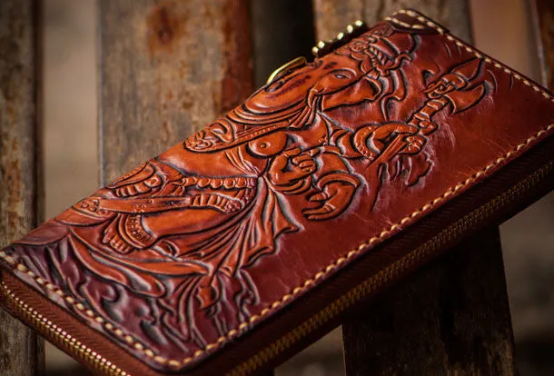 Handmade leather Ganesha biker wallet long wallet brown leather men phone