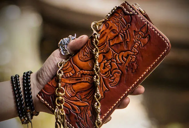 Handmade leather Ganesha biker wallet long wallet brown leather men phone