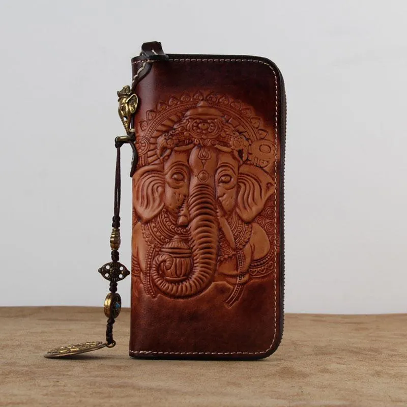 Handmade Leather Ganesha Tooled Biker Chain Mens Long Wallet Cool Leather Wallet Clutch Wallet for Men