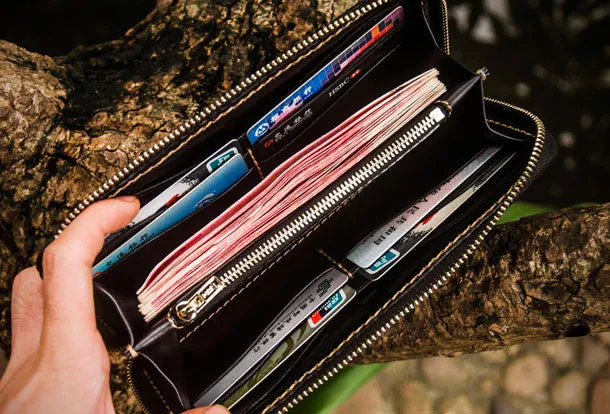 Handmade leather Geneisha biker wallet clutch zip long wallet black leather men phone