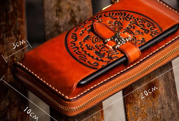 Handmade leather hieroglyph biker wallet clutch zip long wallet brown leather men phone