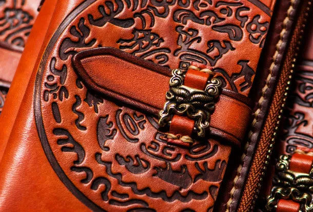 Handmade leather hieroglyph biker wallet clutch zip long wallet brown leather men phone