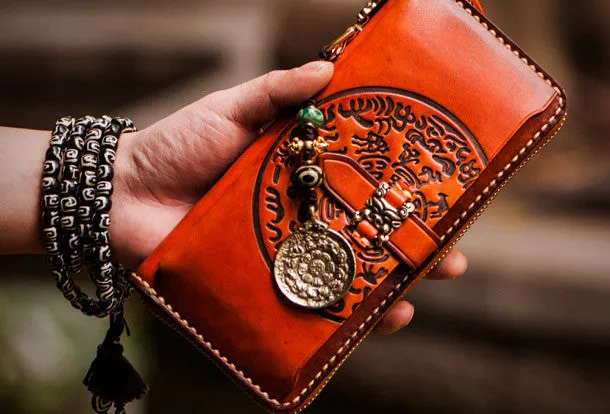 Handmade leather hieroglyph biker wallet clutch zip long wallet brown leather men phone