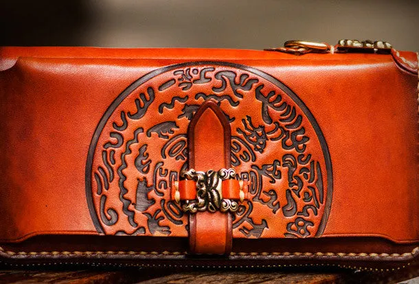 Handmade leather hieroglyph biker wallet clutch zip long wallet brown leather men phone