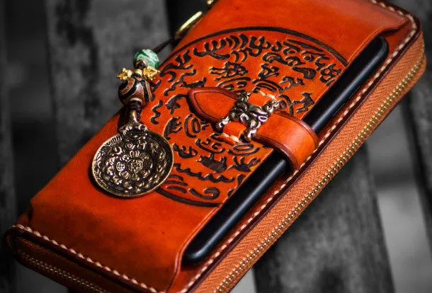 Handmade leather hieroglyph biker wallet clutch zip long wallet brown leather men phone