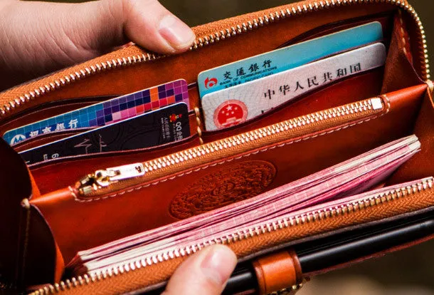 Handmade leather hieroglyph biker wallet clutch zip long wallet brown leather men phone