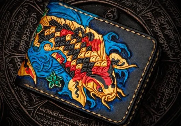 Handmade Leather License Wallet Tooled Carp Mens billfold Wallet Cool Leather Wallet Slim Wallet for Men
