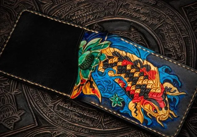 Handmade Leather License Wallet Tooled Carp Mens billfold Wallet Cool Leather Wallet Slim Wallet for Men