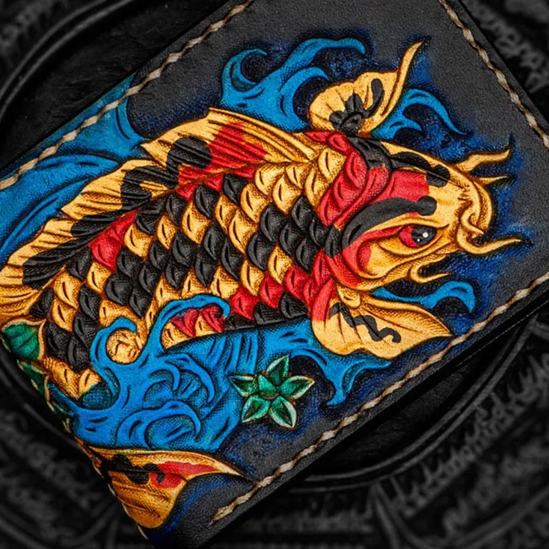 Handmade Leather License Wallet Tooled Carp Mens billfold Wallet Cool Leather Wallet Slim Wallet for Men