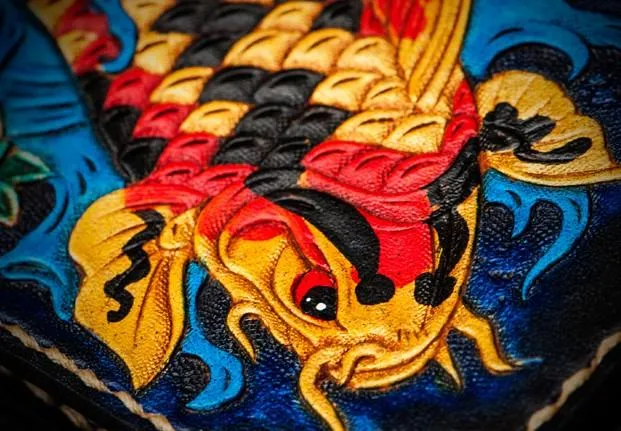 Handmade Leather License Wallet Tooled Carp Mens billfold Wallet Cool Leather Wallet Slim Wallet for Men