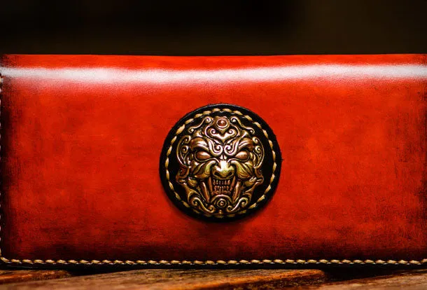 Handmade leather lion biker wallet clutch zip long wallet brown  leather men phone