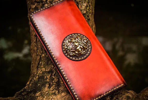 Handmade leather lion biker wallet clutch zip long wallet brown  leather men phone