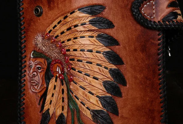 Handmade leather Long biker trucker wallet leather chain men indian Black Carved Tooled wallet