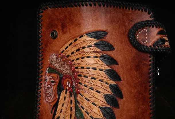 Handmade leather Long biker trucker wallet leather chain men indian Black Carved Tooled wallet