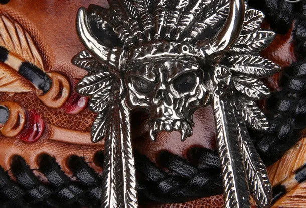 Handmade leather Long biker trucker wallet leather chain men indian Black Carved Tooled wallet