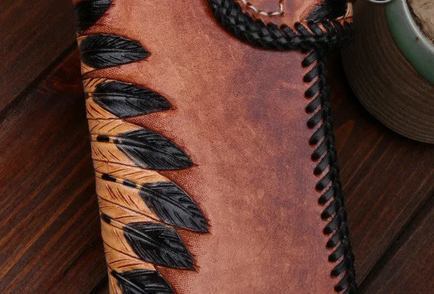 Handmade leather Long biker trucker wallet leather chain men indian Black Carved Tooled wallet
