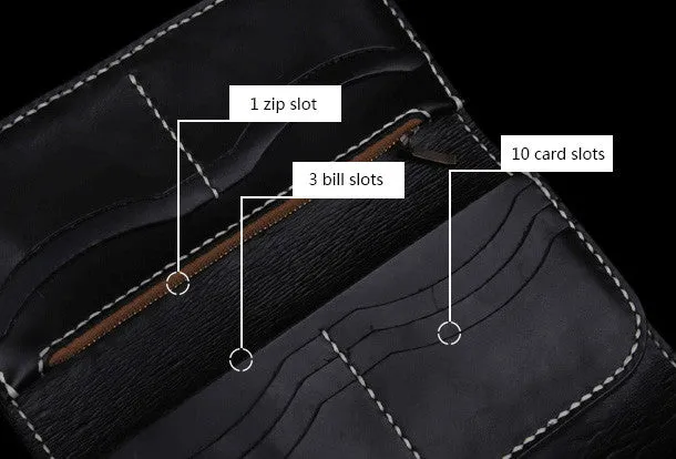 Handmade leather Long biker trucker wallet leather chain men indian Black Carved Tooled wallet