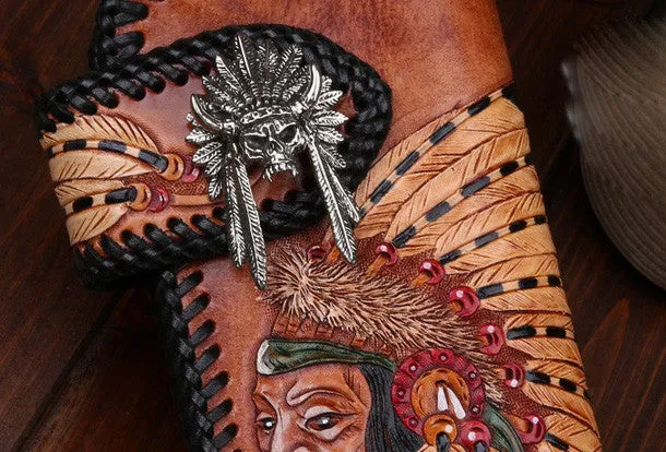 Handmade leather Long biker trucker wallet leather chain men indian Black Carved Tooled wallet