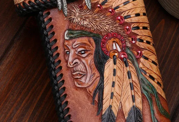 Handmade leather Long biker trucker wallet leather chain men indian Black Carved Tooled wallet