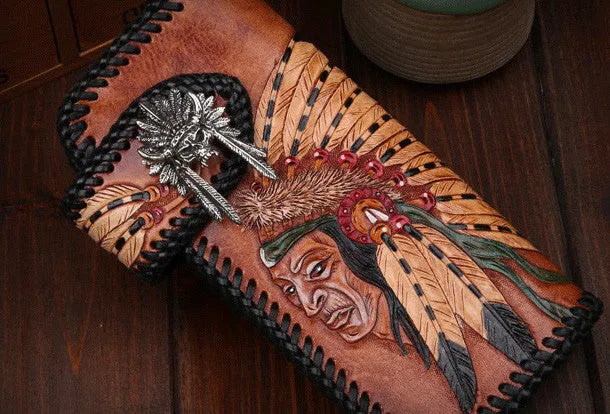 Handmade leather Long biker trucker wallet leather chain men indian Black Carved Tooled wallet