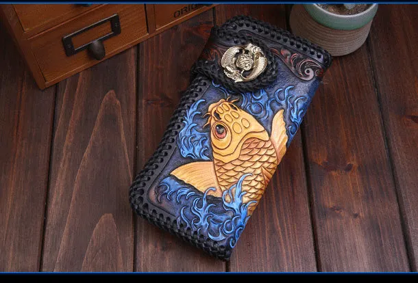 Handmade Leather Long Black Biker Wallet Leather Chain Wallet Men Red Carp Tooled Wallets