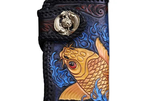 Handmade Leather Long Black Biker Wallet Leather Chain Wallet Men Red Carp Tooled Wallets