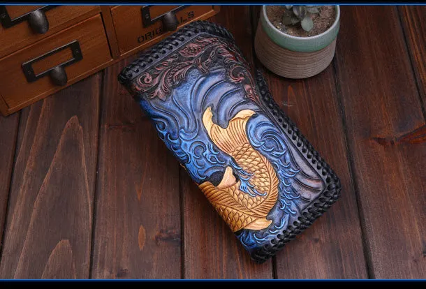 Handmade Leather Long Black Biker Wallet Leather Chain Wallet Men Red Carp Tooled Wallets