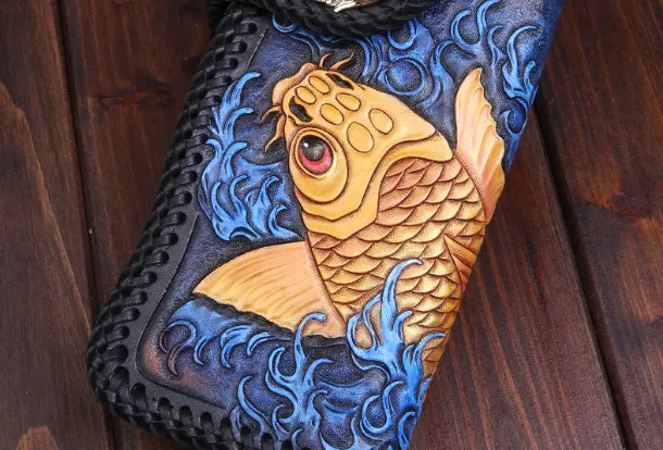 Handmade Leather Long Black Biker Wallet Leather Chain Wallet Men Red Carp Tooled Wallets