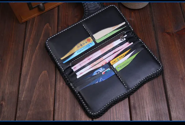 Handmade Leather Long Black Biker Wallet Leather Chain Wallet Men Red Carp Tooled Wallets